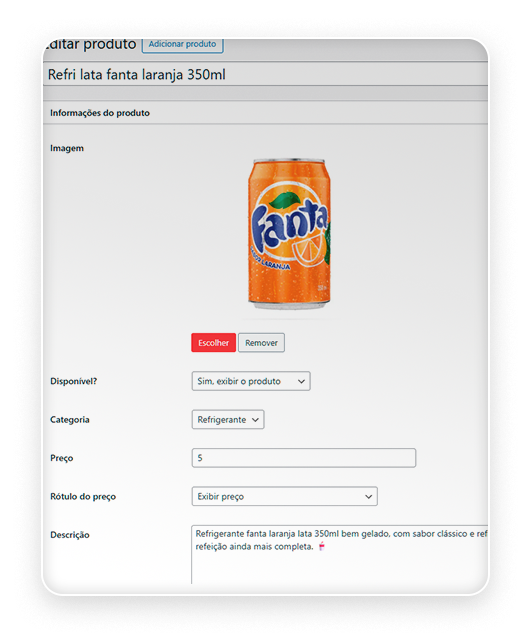 Cadastro de produtos, taxa de entrega, opções extras