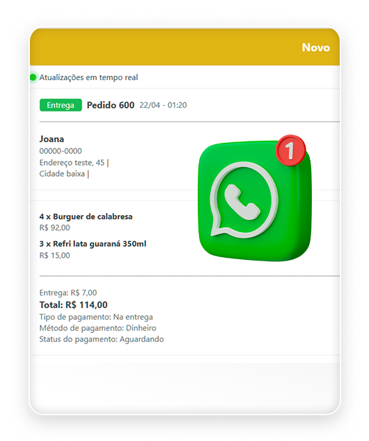 Pedido enviado pelo whatsapp, status do pedido pelo link